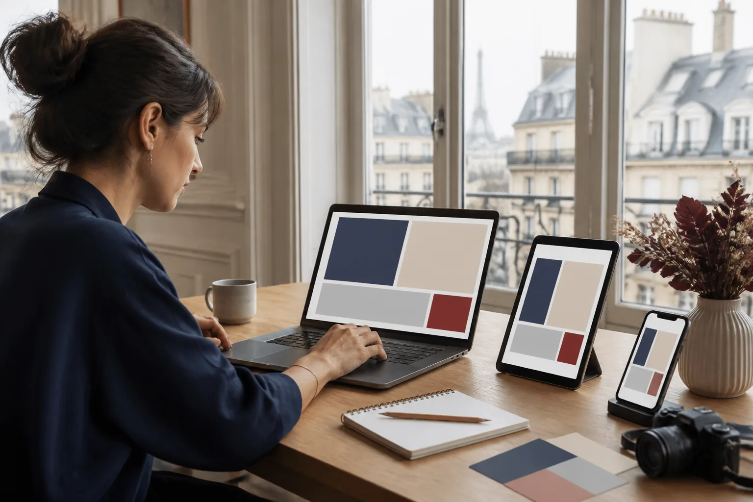 Test d’un site responsive sur ordinateur, tablette et mobile dans un atelier parisien