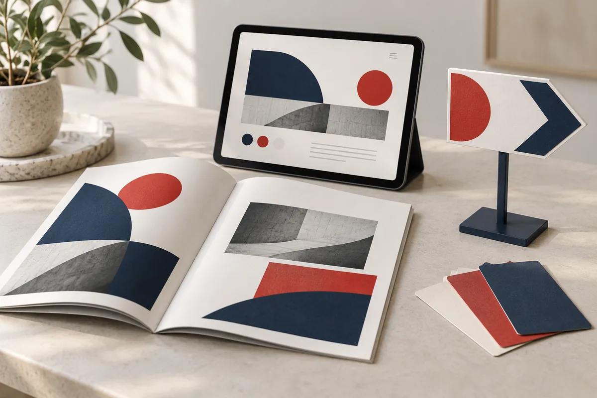 Illustration IA : une brochure, une tablette et une petite signalétique déclinent un même univers graphique fictif.
